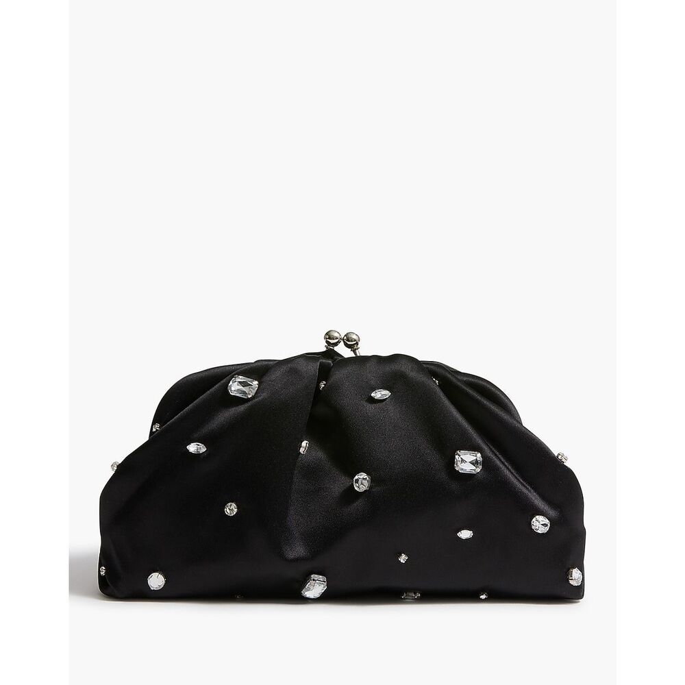 NWT J. Crew Satin Rhinestone Black Silver Cocktail Party Clutch Elegant Classy